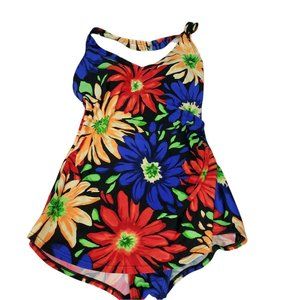 Beach Bay 1 piece Swimsuit S 10 Black Flower Print Good Coverage Colorful Halter
